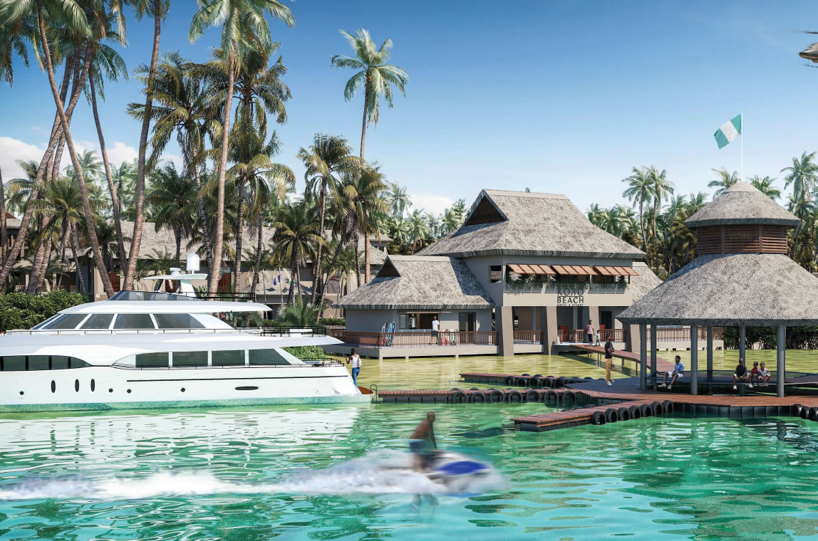 A white cruise boat docked at Koko Beach Lagos