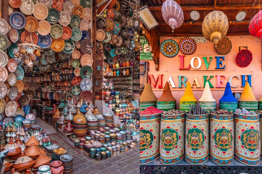 Stalls of goods at the Souks of Marrakech
