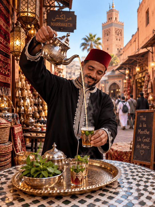 Mint tea poured from a height in Marrakech Medina