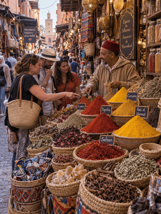 Tourists haggling over prices of Moroccan spices in a Marrakech souk